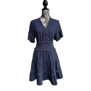 Max Studio Women's Junior S Navy Blue Striped Short Sleeve Ruffled Mini Dress